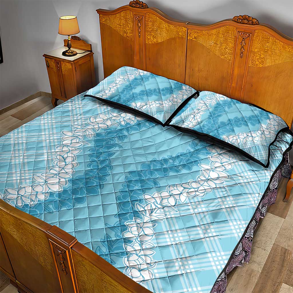 Hawaii Aloha Plumeria Lei Turquoise Palaka Quilt Bed Set - Polynesian Pride
