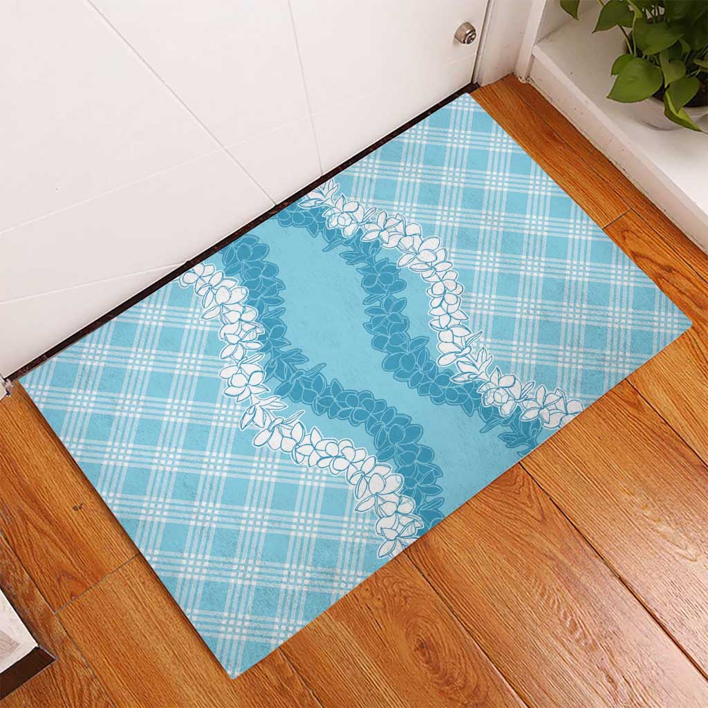 Hawaii Aloha Plumeria Lei Turquoise Palaka Rubber Doormat - Polynesian Pride