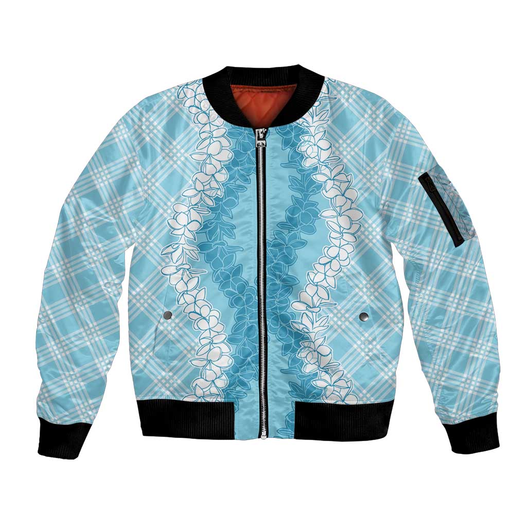Hawaii Aloha Plumeria Lei Turquoise Palaka Sleeve Zip Bomber Jacket LT7 Unisex Turquoise - Polynesian Pride