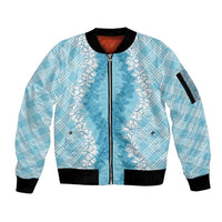 Hawaii Aloha Plumeria Lei Turquoise Palaka Sleeve Zip Bomber Jacket LT7 Unisex Turquoise - Polynesian Pride