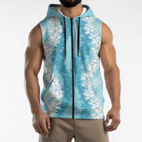 Hawaii Aloha Plumeria Lei Turquoise Palaka Sleeveless Zip Hoodie - Polynesian Pride