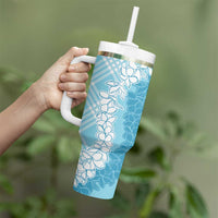 Hawaii Aloha Plumeria Lei Turquoise Palaka Tumbler With Handle - Polynesian Pride
