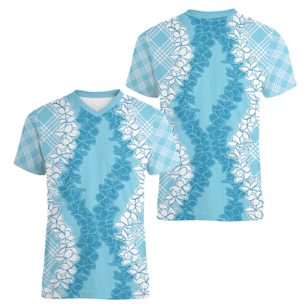 Hawaii Aloha Plumeria Lei Turquoise Palaka Women V-Neck T-Shirt - Polynesian Pride