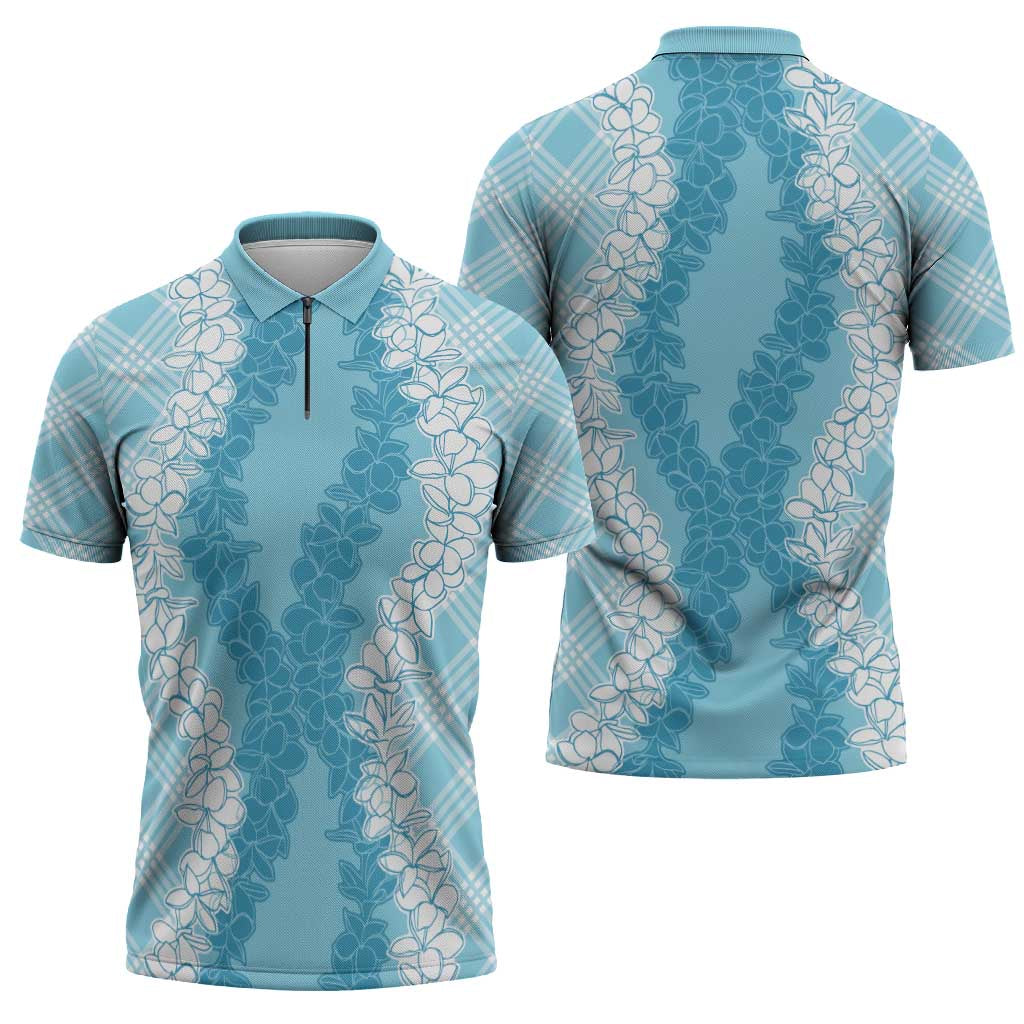 Hawaii Aloha Plumeria Lei Turquoise Palaka Zipper Polo Shirt - Polynesian Pride