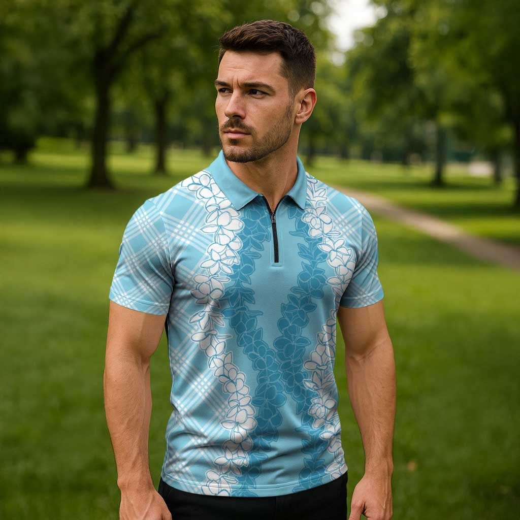 Hawaii Aloha Plumeria Lei Turquoise Palaka Zipper Polo Shirt - Polynesian Pride