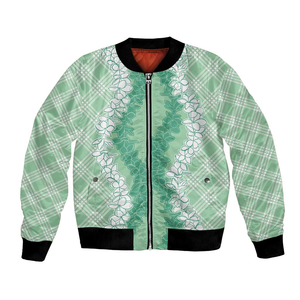 Hawaii Aloha Plumeria Lei Mint Palaka Bomber Jacket - Polynesian Pride