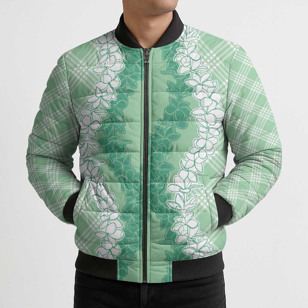 Hawaii Aloha Plumeria Lei Mint Palaka Bomber Puffer Jacket - Polynesian Pride