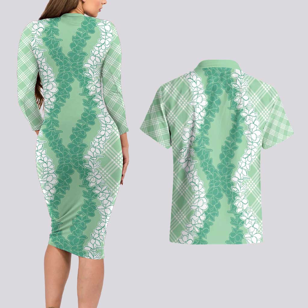 Hawaii Aloha Plumeria Lei Mint Palaka Couples Matching Long Sleeve Bodycon Dress and Hawaiian Shirt - Polynesian Pride