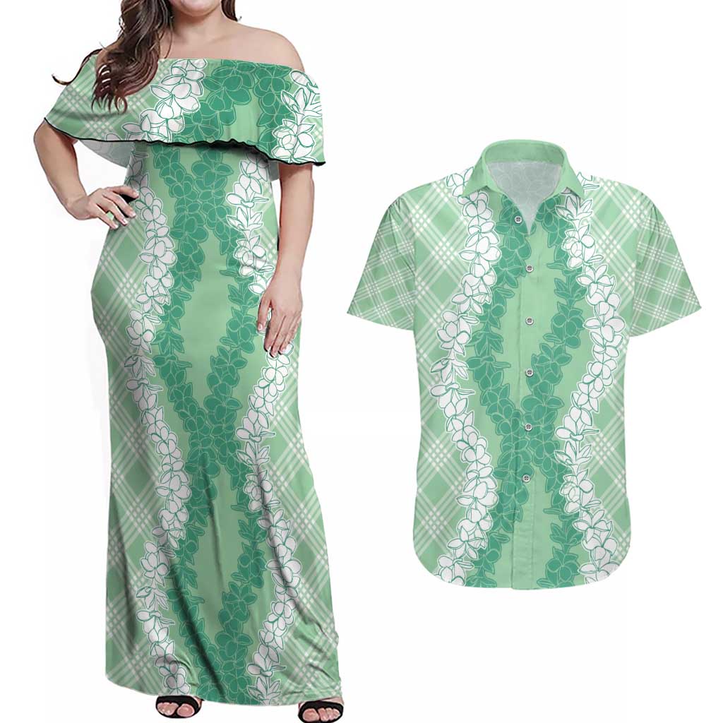 Hawaii Aloha Plumeria Lei Mint Palaka Couples Matching Off Shoulder Maxi Dress and Hawaiian Shirt - Polynesian Pride