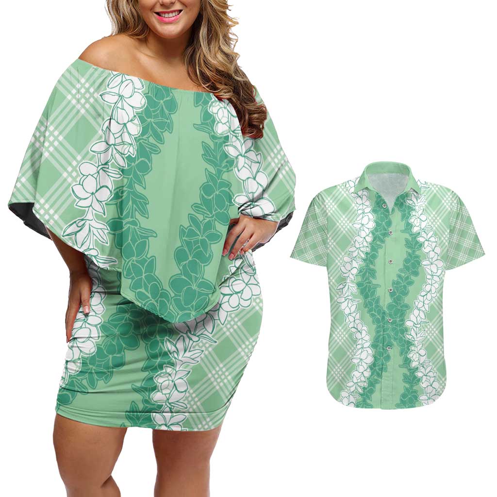 Hawaii Aloha Plumeria Lei Mint Palaka Couples Matching Off Shoulder Short Dress and Hawaiian Shirt - Polynesian Pride