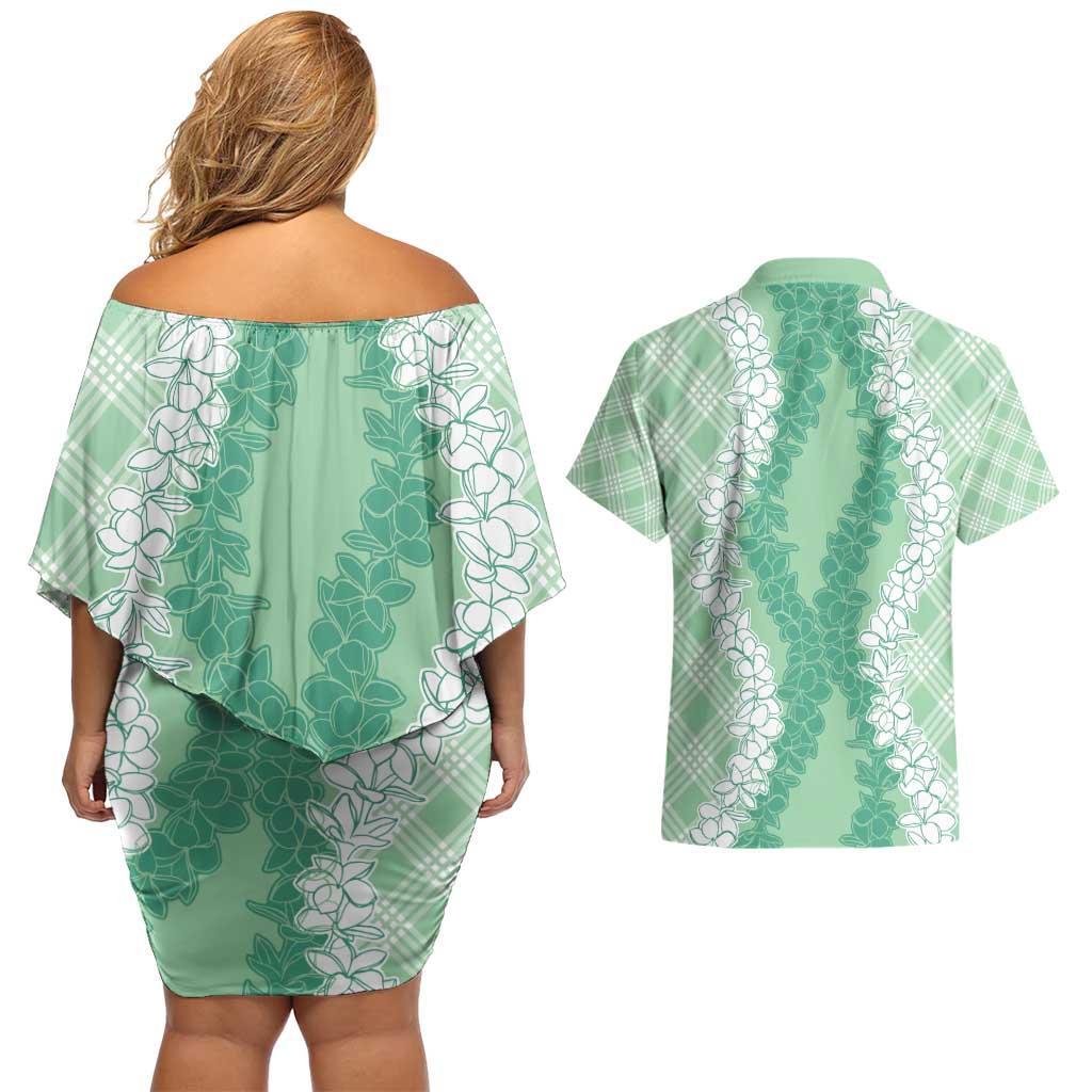 Hawaii Aloha Plumeria Lei Mint Palaka Couples Matching Off Shoulder Short Dress and Hawaiian Shirt - Polynesian Pride