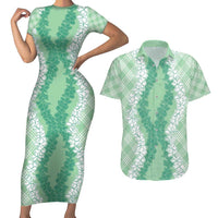 Hawaii Aloha Plumeria Lei Mint Palaka Couples Matching Short Sleeve Bodycon Dress and Hawaiian Shirt - Polynesian Pride