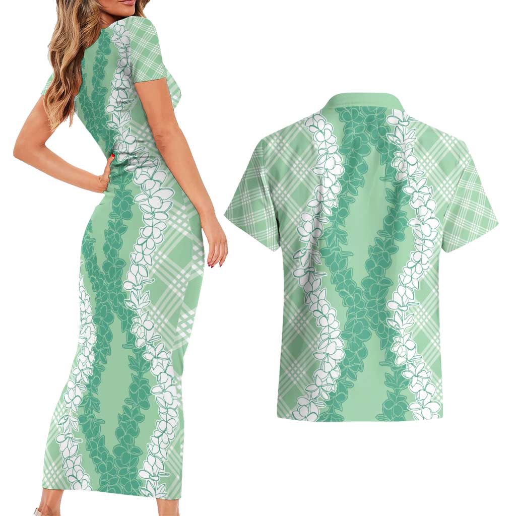 Hawaii Aloha Plumeria Lei Mint Palaka Couples Matching Short Sleeve Bodycon Dress and Hawaiian Shirt - Polynesian Pride