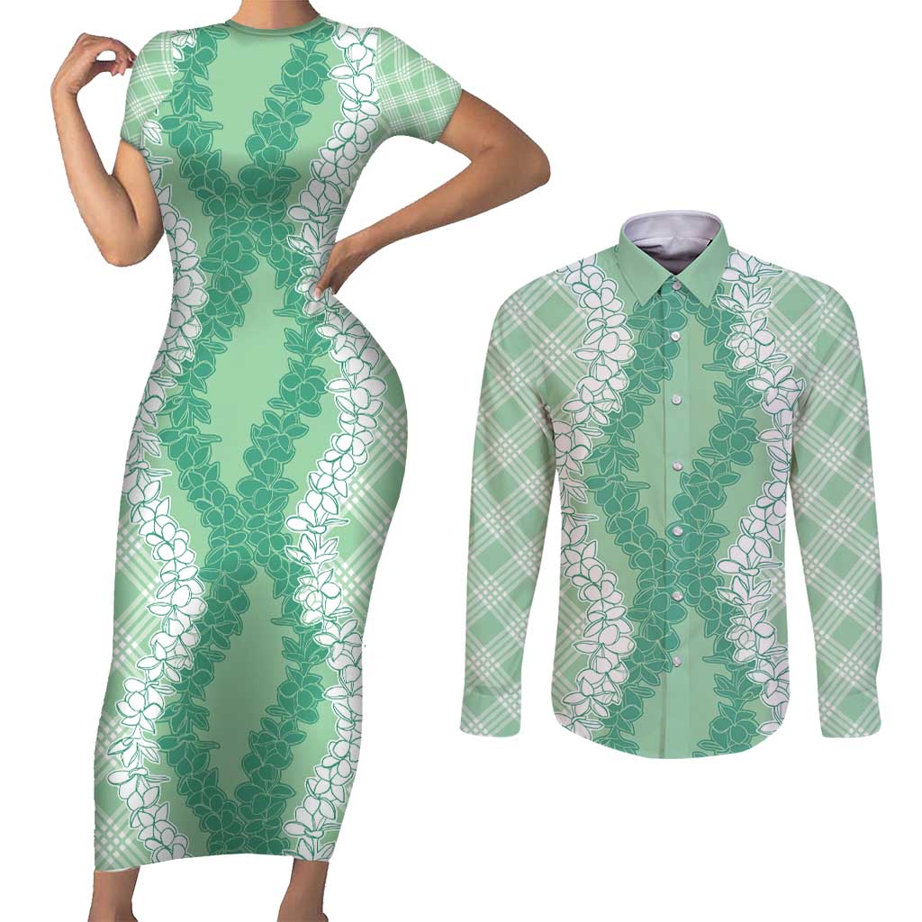 Hawaii Aloha Plumeria Lei Mint Palaka Couples Matching Short Sleeve Bodycon Dress and Long Sleeve Button Shirt - Polynesian Pride