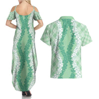 Hawaii Aloha Plumeria Lei Mint Palaka Couples Matching Summer Maxi Dress and Hawaiian Shirt - Polynesian Pride