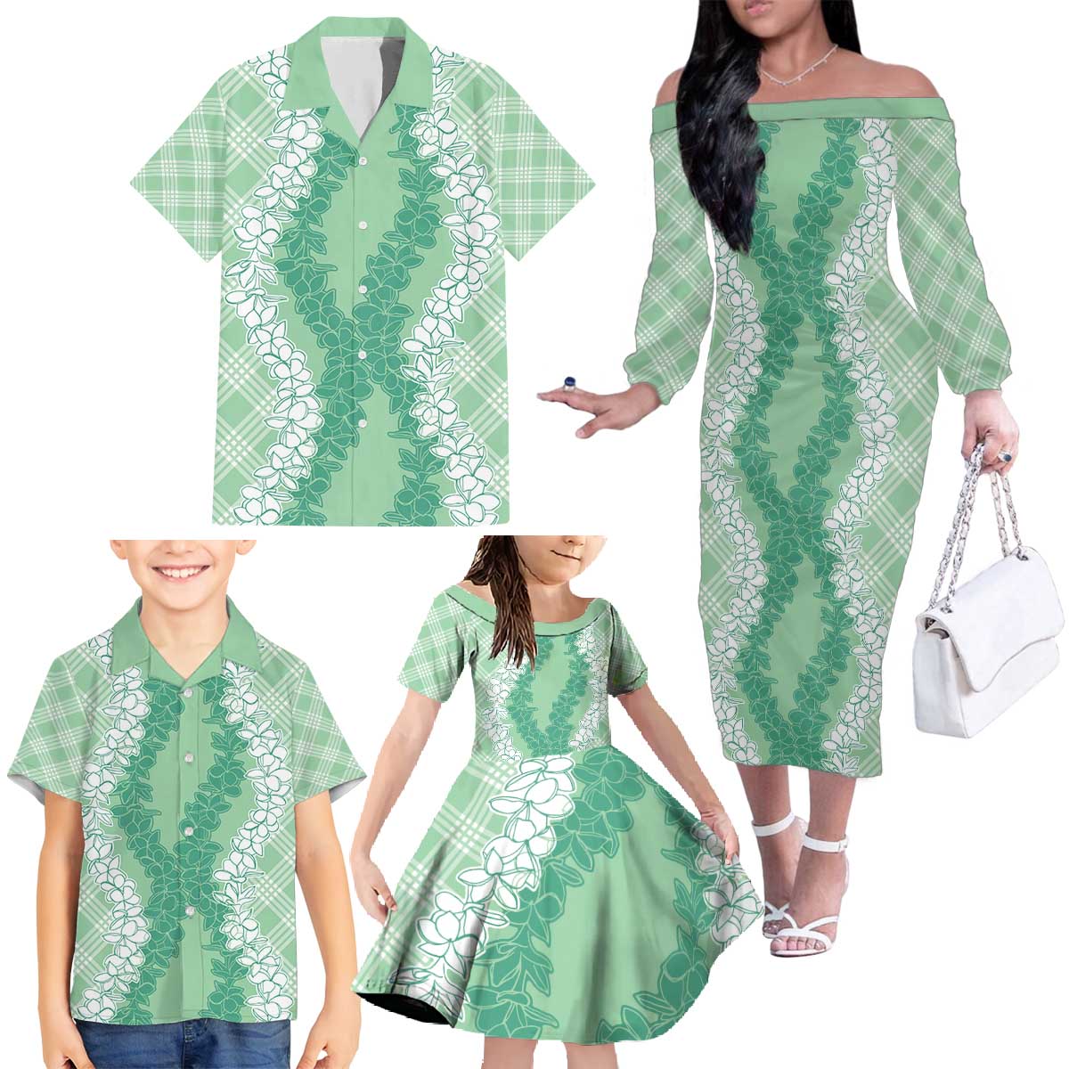 Hawaii Aloha Plumeria Lei Mint Palaka Family Matching Off The Shoulder Long Sleeve Dress and Hawaiian Shirt - Polynesian Pride