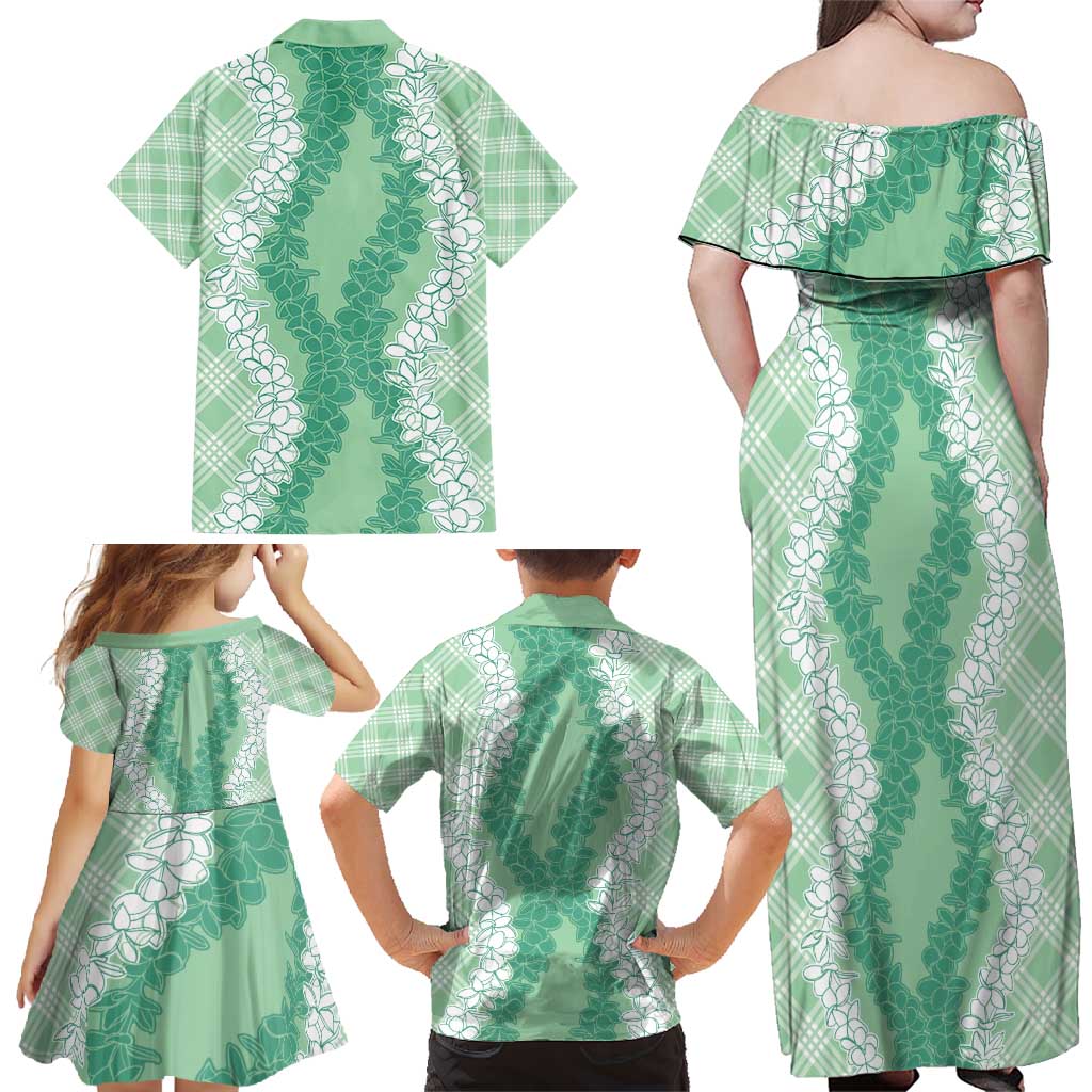 Hawaii Aloha Plumeria Lei Mint Palaka Family Matching Off Shoulder Maxi Dress and Hawaiian Shirt - Polynesian Pride