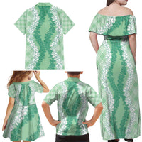 Hawaii Aloha Plumeria Lei Mint Palaka Family Matching Off Shoulder Maxi Dress and Hawaiian Shirt - Polynesian Pride