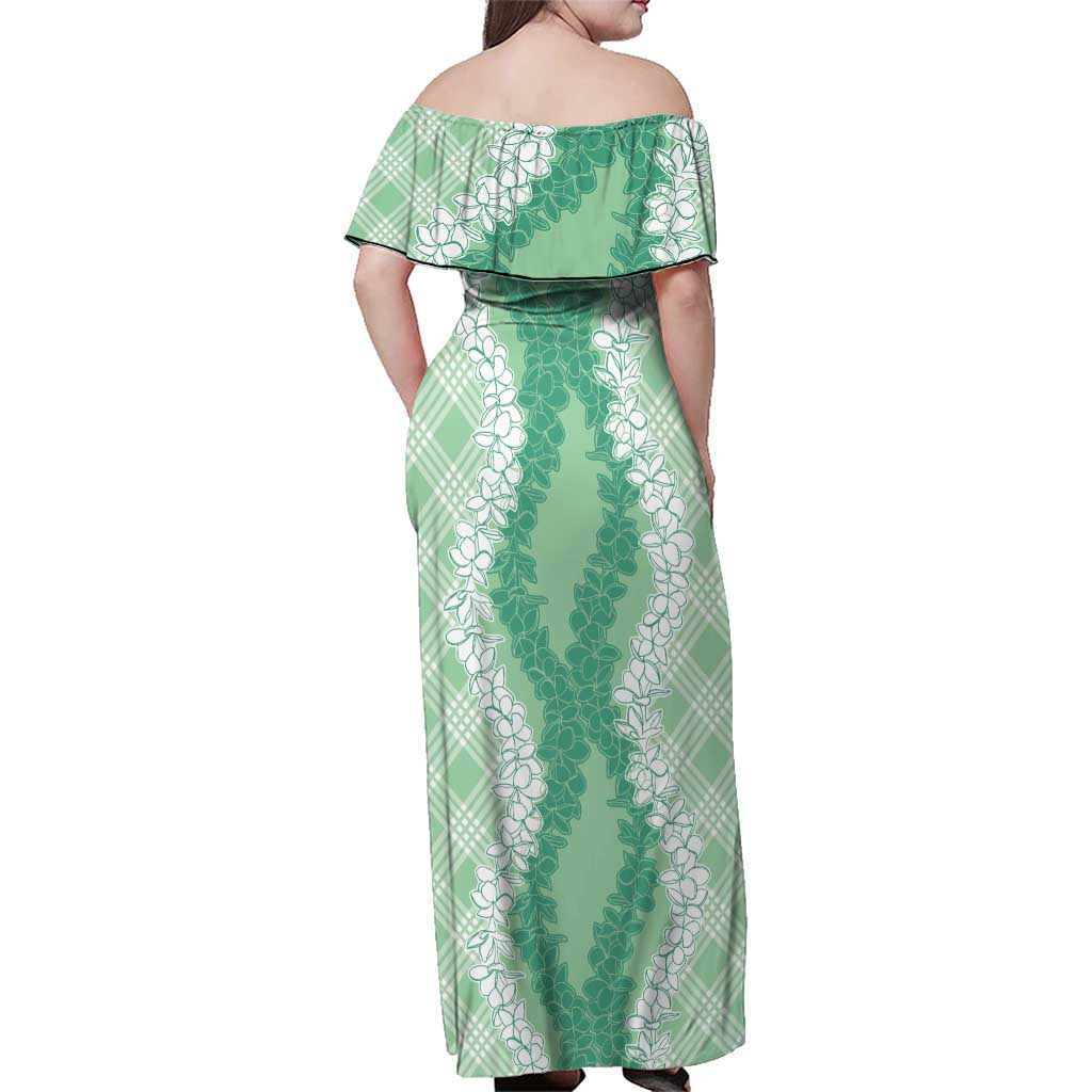 Hawaii Aloha Plumeria Lei Mint Palaka Family Matching Off Shoulder Maxi Dress and Hawaiian Shirt - Polynesian Pride