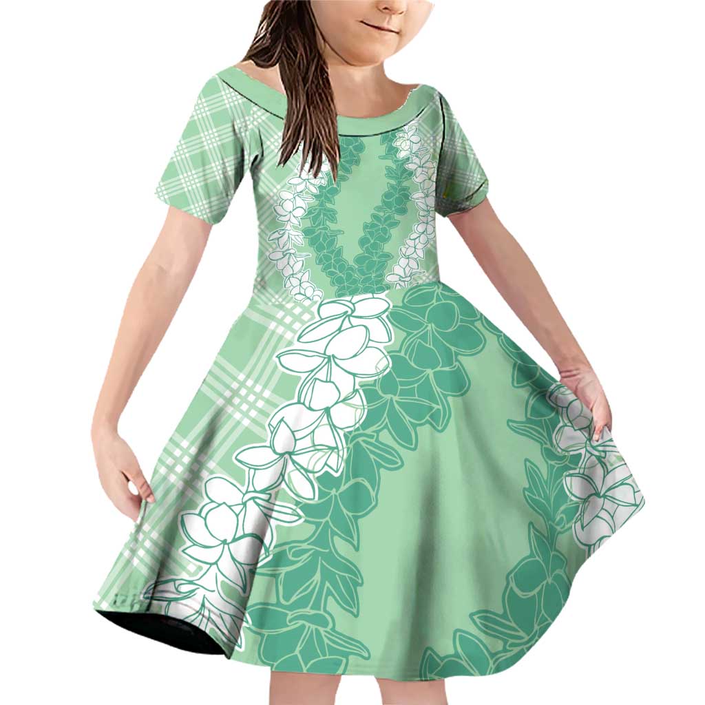 Hawaii Aloha Plumeria Lei Mint Palaka Family Matching Off Shoulder Short Dress and Hawaiian Shirt - Polynesian Pride