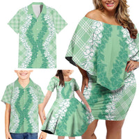 Hawaii Aloha Plumeria Lei Mint Palaka Family Matching Off Shoulder Short Dress and Hawaiian Shirt - Polynesian Pride