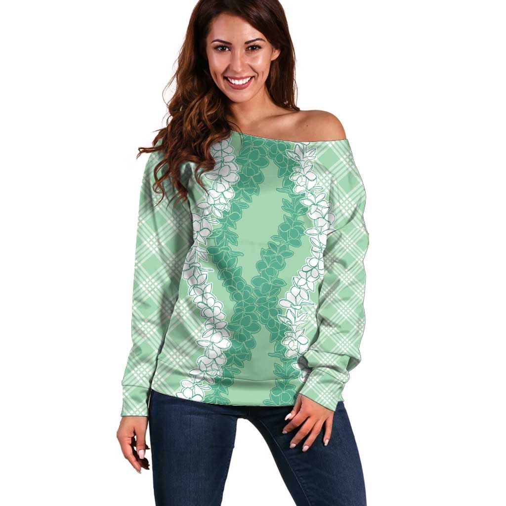 Hawaii Aloha Plumeria Lei Mint Palaka Off Shoulder Sweater - Polynesian Pride
