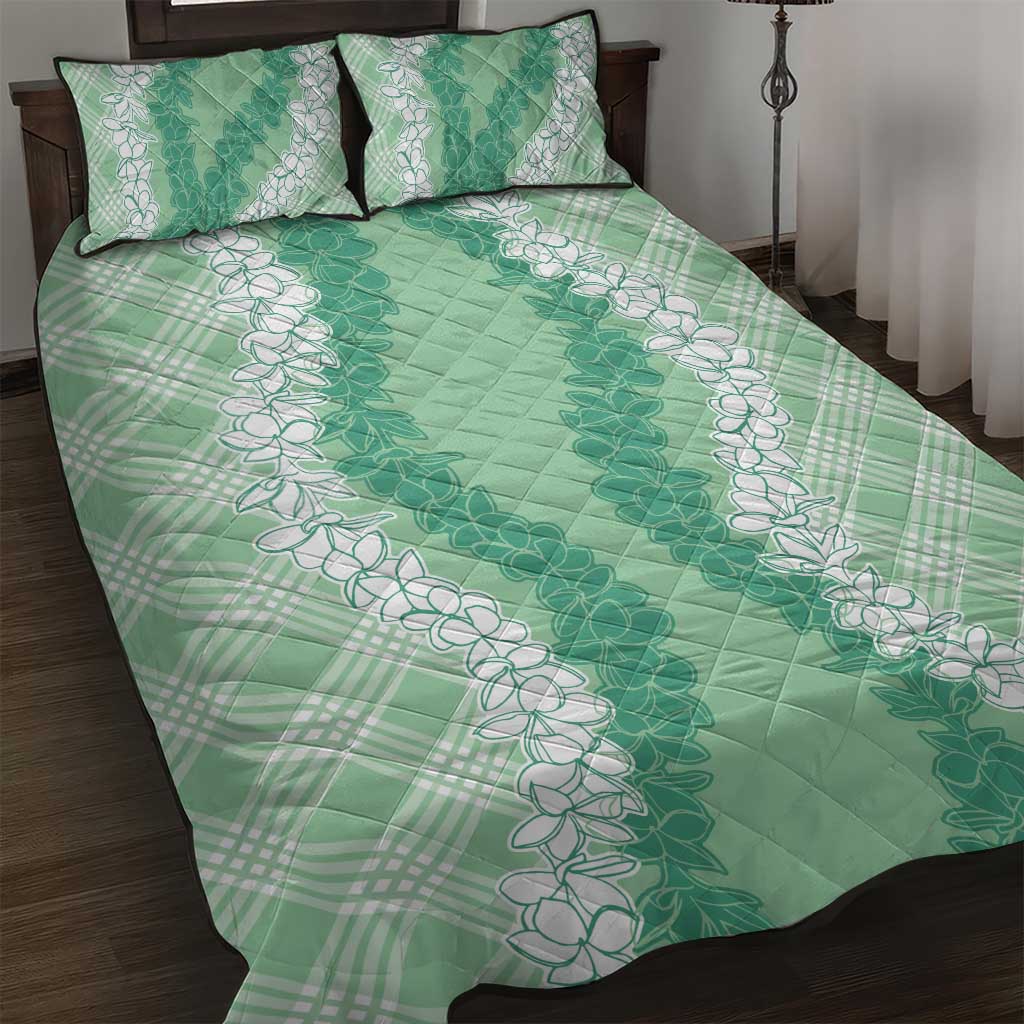 Hawaii Aloha Plumeria Lei Mint Palaka Quilt Bed Set - Polynesian Pride