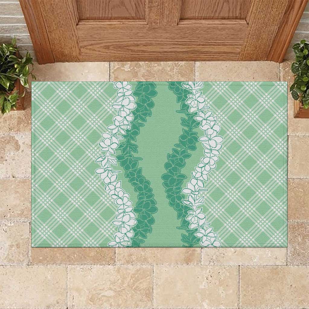 Hawaii Aloha Plumeria Lei Mint Palaka Rubber Doormat - Polynesian Pride