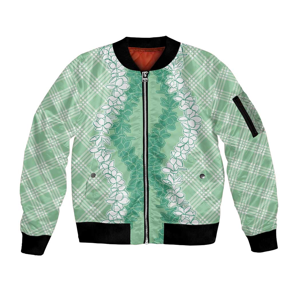 Hawaii Aloha Plumeria Lei Mint Palaka Sleeve Zip Bomber Jacket LT7 Unisex Mint - Polynesian Pride