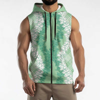 Hawaii Aloha Plumeria Lei Mint Palaka Sleeveless Zip Hoodie - Polynesian Pride