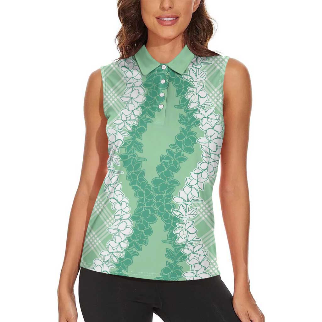 Hawaii Aloha Plumeria Lei Mint Palaka Women Sleeveless Polo Shirt - Polynesian Pride