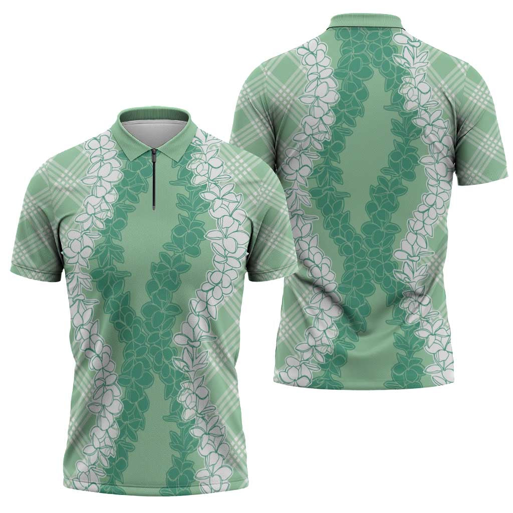 Hawaii Aloha Plumeria Lei Mint Palaka Zipper Polo Shirt - Polynesian Pride