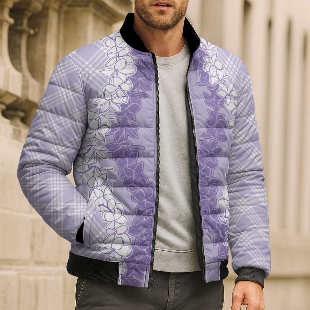 Hawaii Aloha Plumeria Lei Lavender Palaka Bomber Puffer Jacket - Polynesian Pride