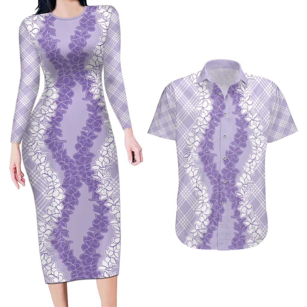 Hawaii Aloha Plumeria Lei Lavender Palaka Couples Matching Long Sleeve Bodycon Dress and Hawaiian Shirt - Polynesian Pride