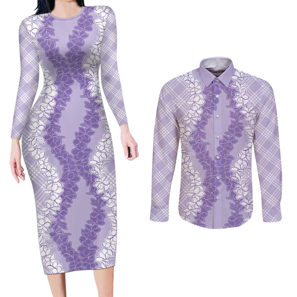 Hawaii Aloha Plumeria Lei Lavender Palaka Couples Matching Long Sleeve Bodycon Dress and Long Sleeve Button Shirt - Polynesian Pride