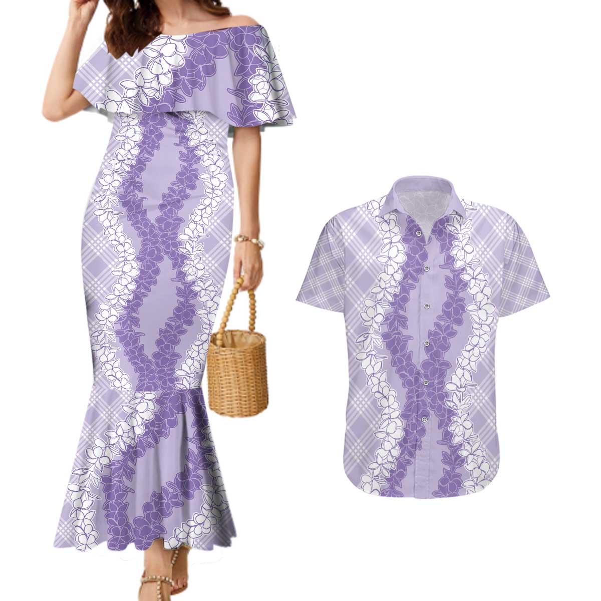 Hawaii Aloha Plumeria Lei Lavender Palaka Couples Matching Mermaid Dress and Hawaiian Shirt - Polynesian Pride