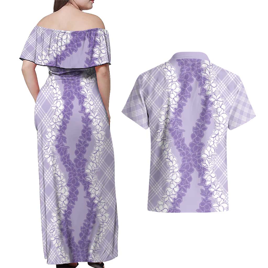 Hawaii Aloha Plumeria Lei Lavender Palaka Couples Matching Off Shoulder Maxi Dress and Hawaiian Shirt - Polynesian Pride