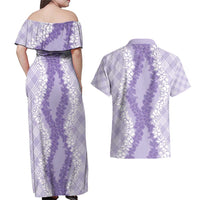 Hawaii Aloha Plumeria Lei Lavender Palaka Couples Matching Off Shoulder Maxi Dress and Hawaiian Shirt - Polynesian Pride