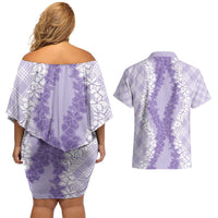 Hawaii Aloha Plumeria Lei Lavender Palaka Couples Matching Off Shoulder Short Dress and Hawaiian Shirt - Polynesian Pride