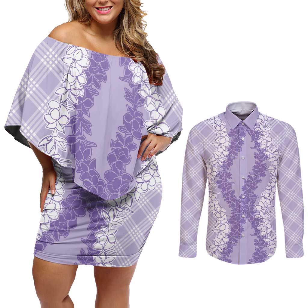 Hawaii Aloha Plumeria Lei Lavender Palaka Couples Matching Off Shoulder Short Dress and Long Sleeve Button Shirt - Polynesian Pride