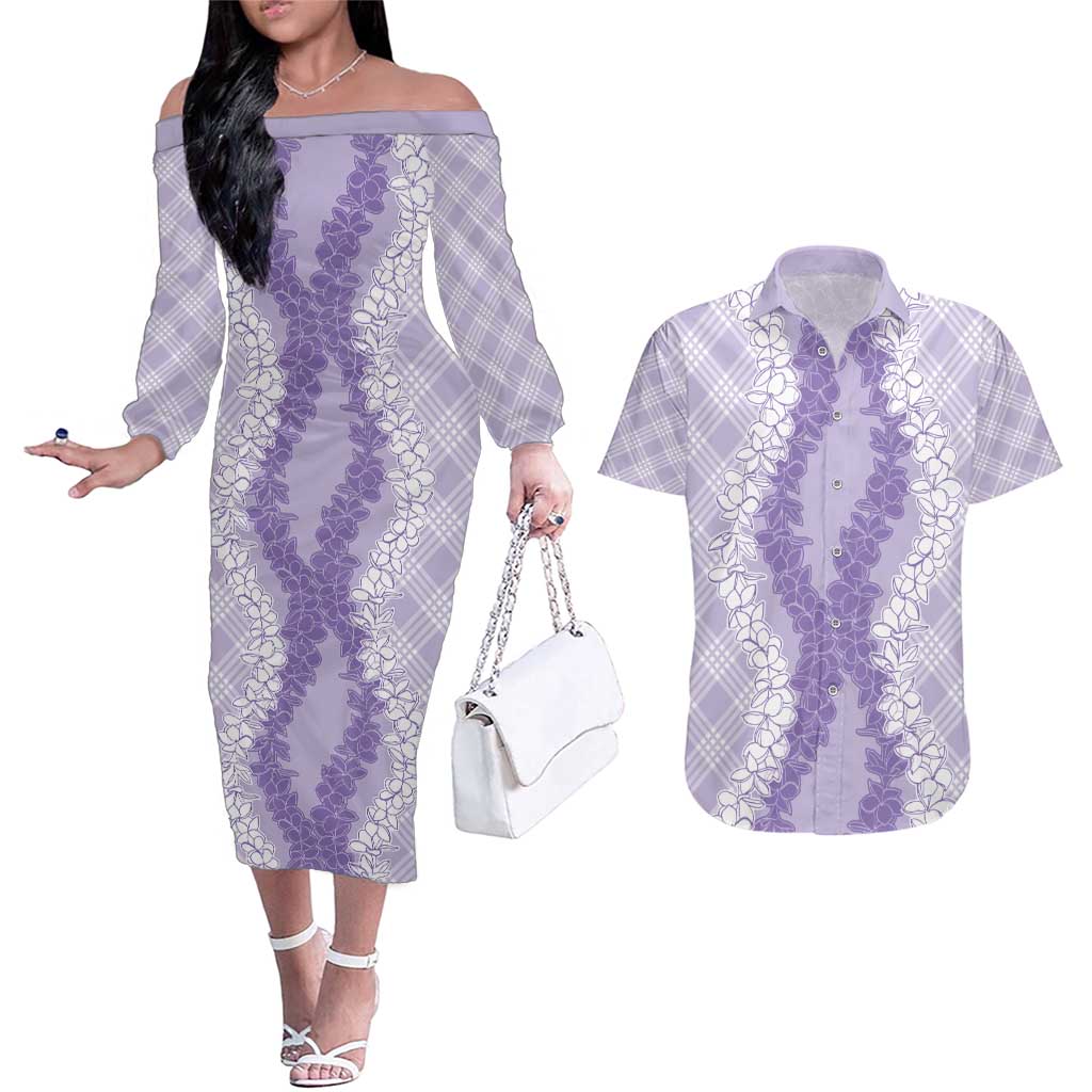 Hawaii Aloha Plumeria Lei Lavender Palaka Couples Matching Off The Shoulder Long Sleeve Dress and Hawaiian Shirt - Polynesian Pride