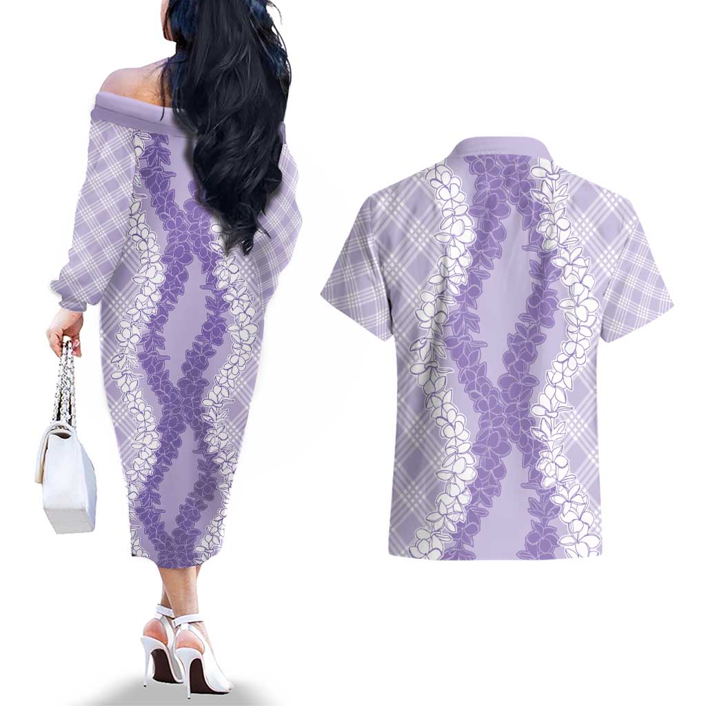 Hawaii Aloha Plumeria Lei Lavender Palaka Couples Matching Off The Shoulder Long Sleeve Dress and Hawaiian Shirt - Polynesian Pride