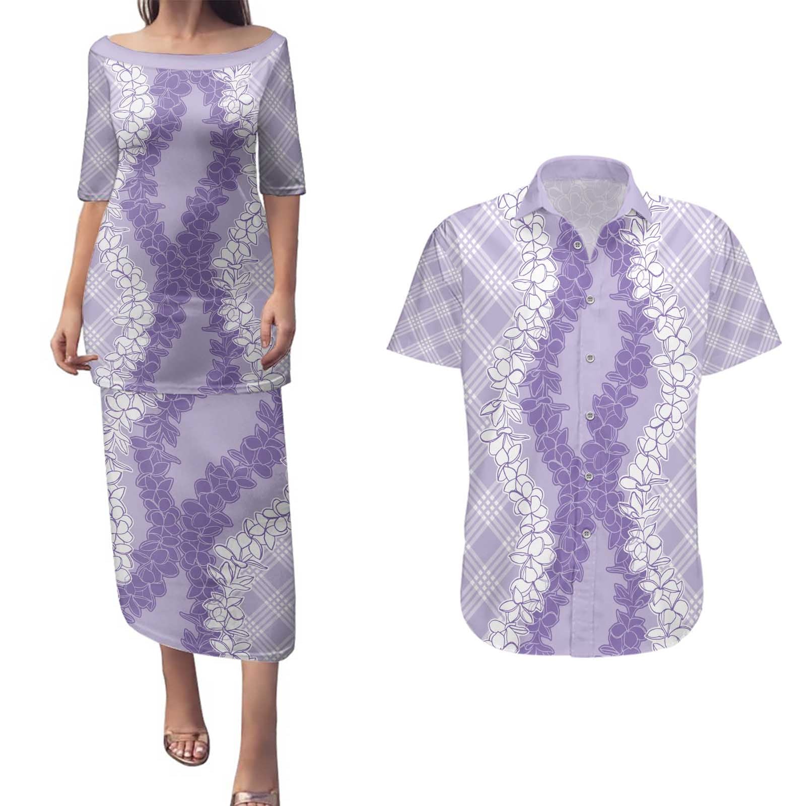Hawaii Aloha Plumeria Lei Lavender Palaka Couples Matching Puletasi and Hawaiian Shirt - Polynesian Pride