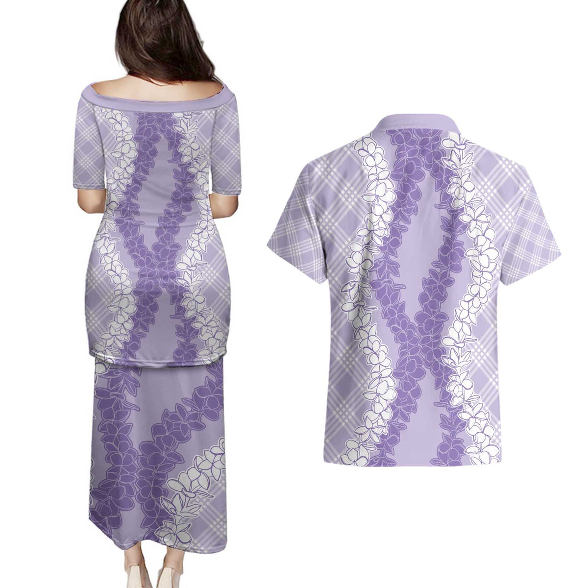 Hawaii Aloha Plumeria Lei Lavender Palaka Couples Matching Puletasi and Hawaiian Shirt LT7 - Polynesian Pride
