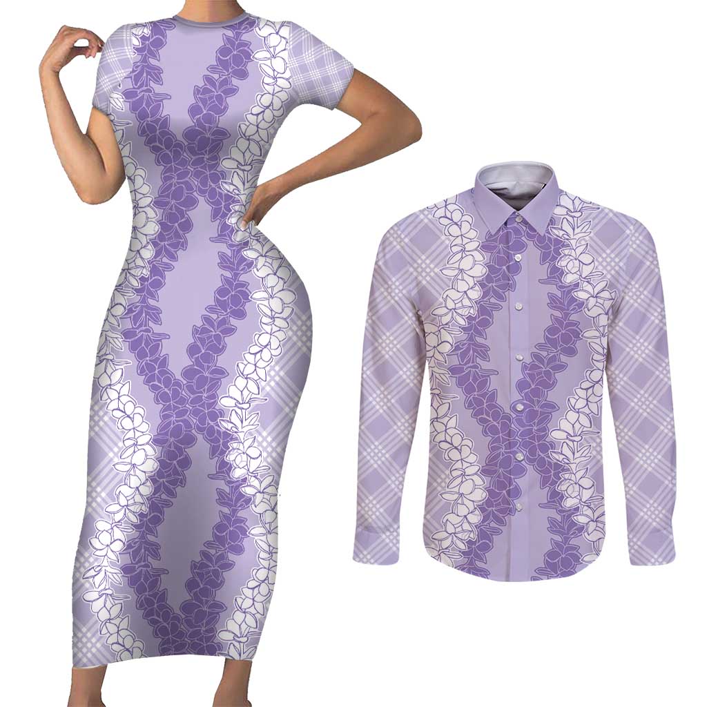 Hawaii Aloha Plumeria Lei Lavender Palaka Couples Matching Short Sleeve Bodycon Dress and Long Sleeve Button Shirt - Polynesian Pride