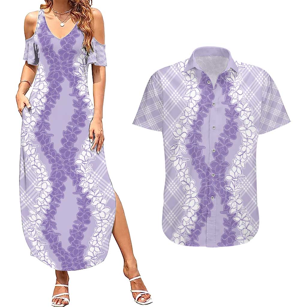 Hawaii Aloha Plumeria Lei Lavender Palaka Couples Matching Summer Maxi Dress and Hawaiian Shirt - Polynesian Pride