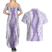 Hawaii Aloha Plumeria Lei Lavender Palaka Couples Matching Summer Maxi Dress and Hawaiian Shirt - Polynesian Pride