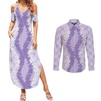 Hawaii Aloha Plumeria Lei Lavender Palaka Couples Matching Summer Maxi Dress and Long Sleeve Button Shirt - Polynesian Pride