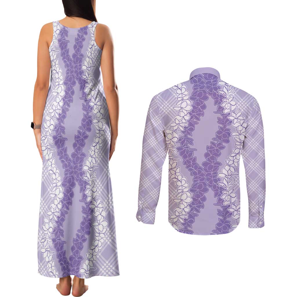 Hawaii Aloha Plumeria Lei Lavender Palaka Couples Matching Tank Maxi Dress and Long Sleeve Button Shirt - Polynesian Pride