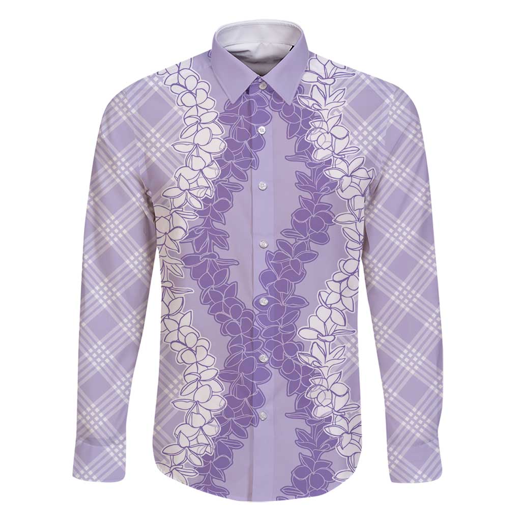 Hawaii Aloha Plumeria Lei Lavender Palaka Family Matching Long Sleeve Bodycon Dress and Hawaiian Shirt - Polynesian Pride